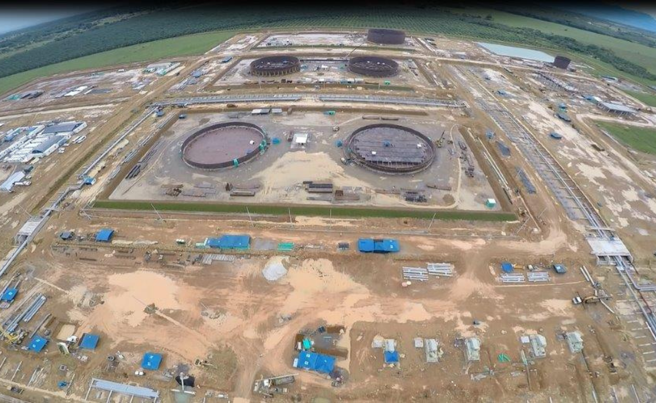 Aerial view of storage tanks and their containment dikes