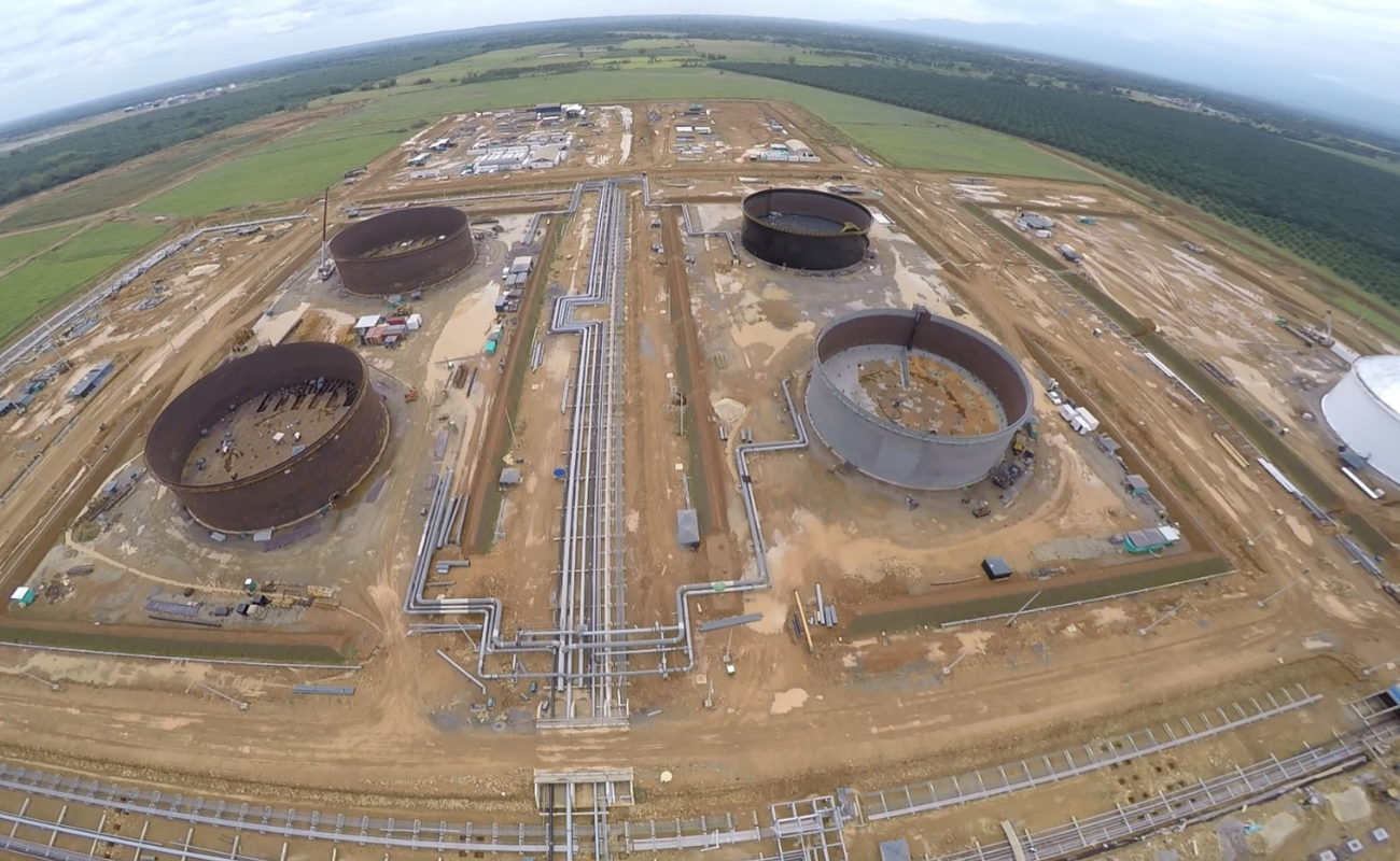 Storage tanks and pipe racks at the facility