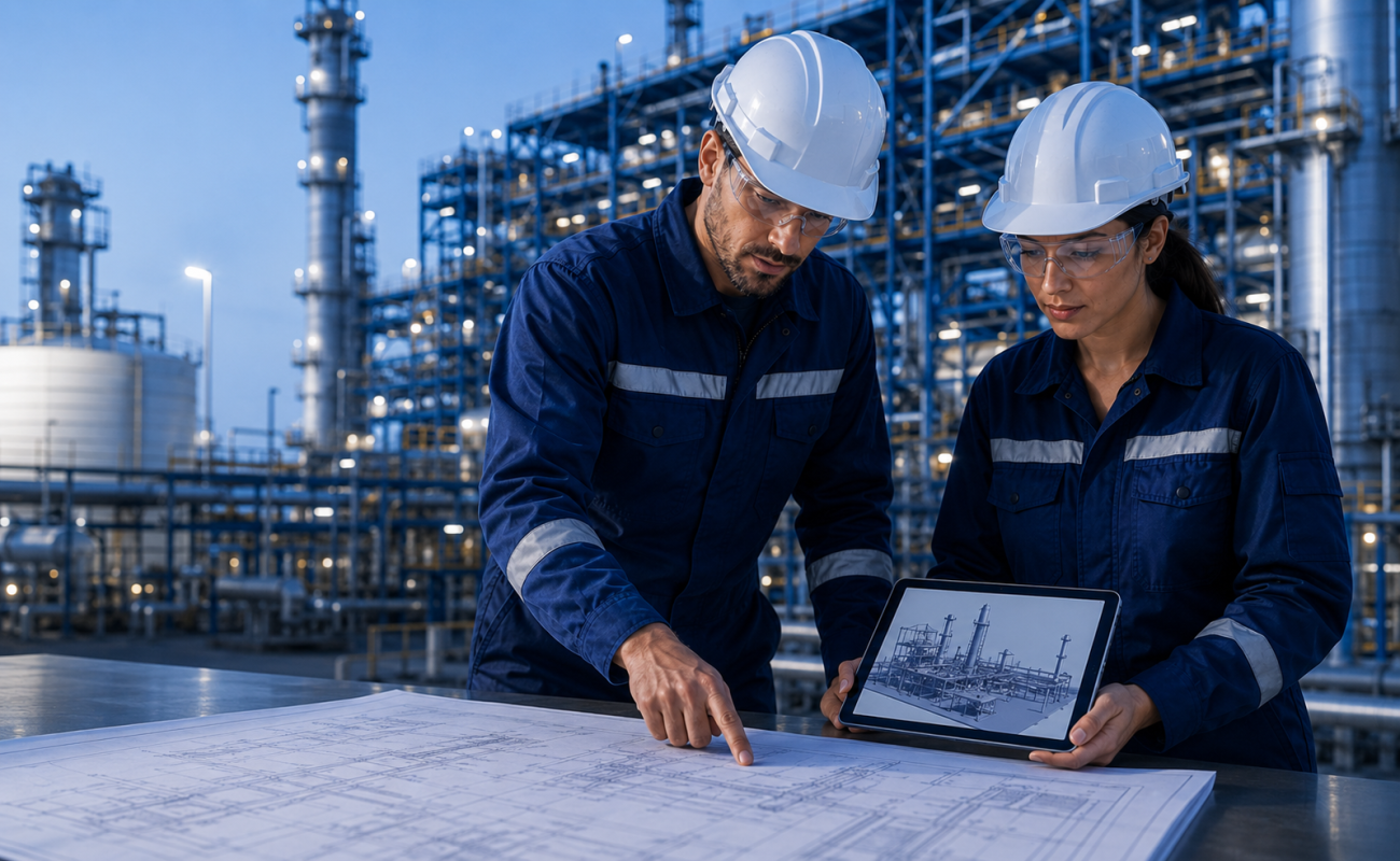 OBS engineers reviewing drawings and technical data in front of a process plant