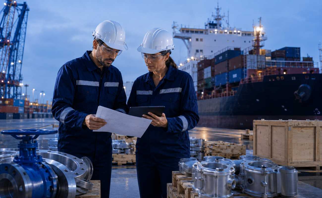 OBS professionals reviewing valve and flange supplies at a port area