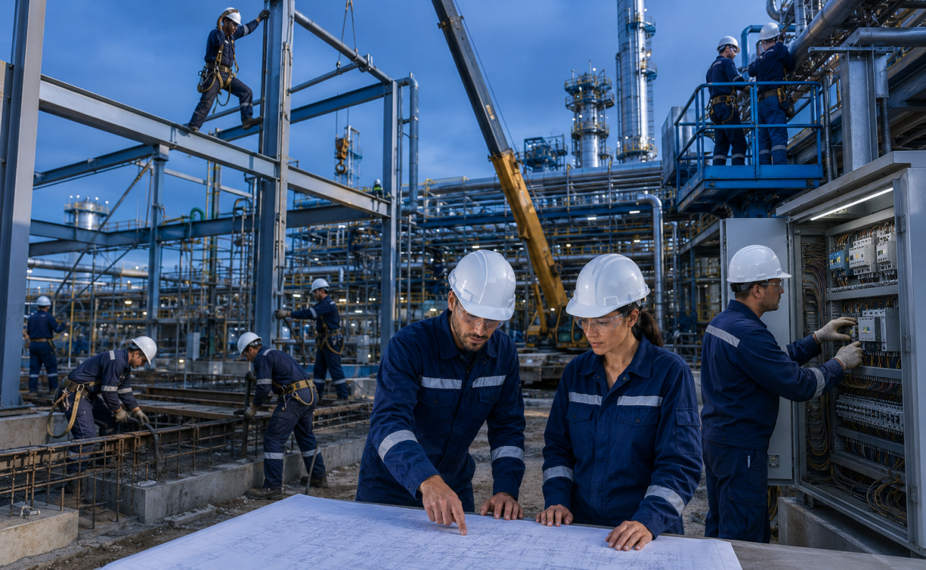 OBS team reviewing drawings at an industrial work front